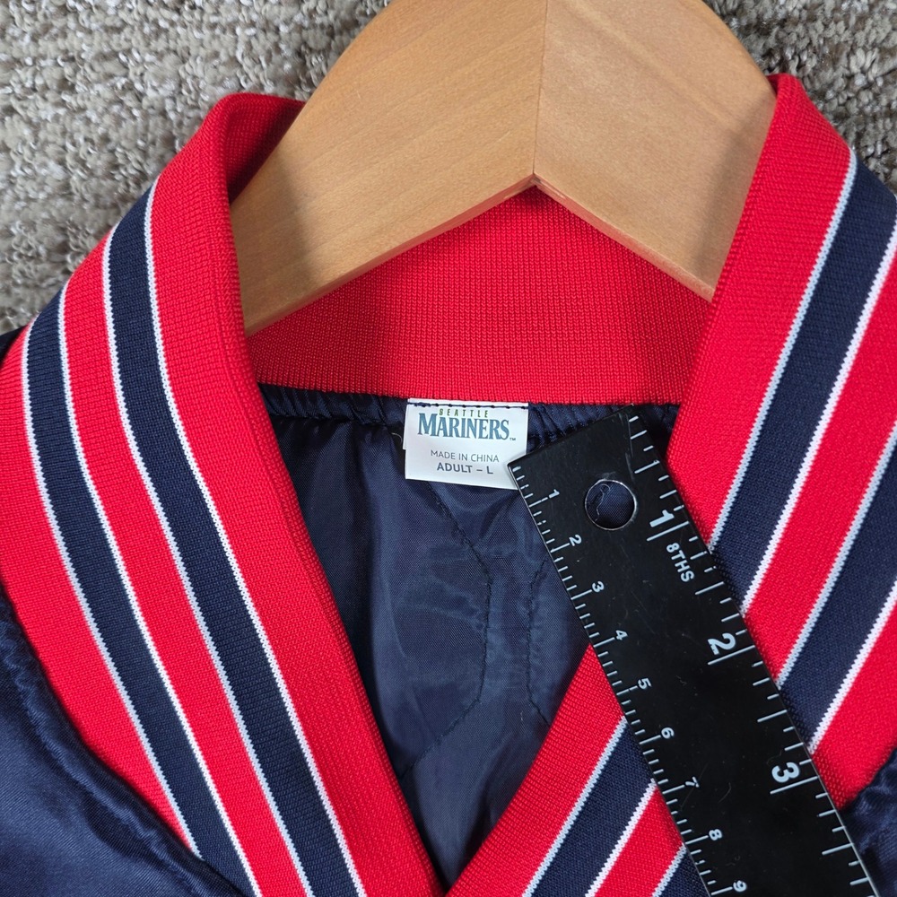 Seattle Mariners Gonzaga MLB Satin Varsity Bomber Jacket Navy Blue Red Mens Lg - Picture 4 of 7